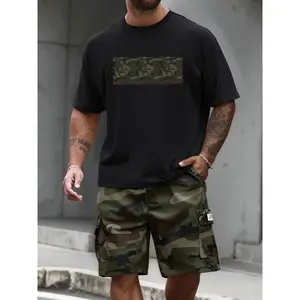 Men’s camouflage print short-sleeve top and knit shorts set—stylish summer casual wear for beach activities and leisure; fitted, medium thickness; suitable for outdoor use.