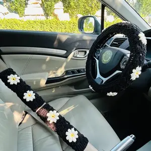 Cute Crochet Flower Car Steering Wheel Cover, Crochet Car Steering Wheel Cover with 2 Belt Covers, Fashion Accessories, Girly Car Accessories