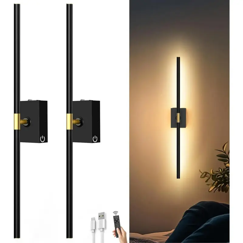Operated Wall Sconces Set of 2: 10000mAh Rechargeable Wall Lights with Remote Control, 360?Rotate  Wall Scone Decor for TV/Mirror Bedroom Living Room, 31.5 Inch, Black