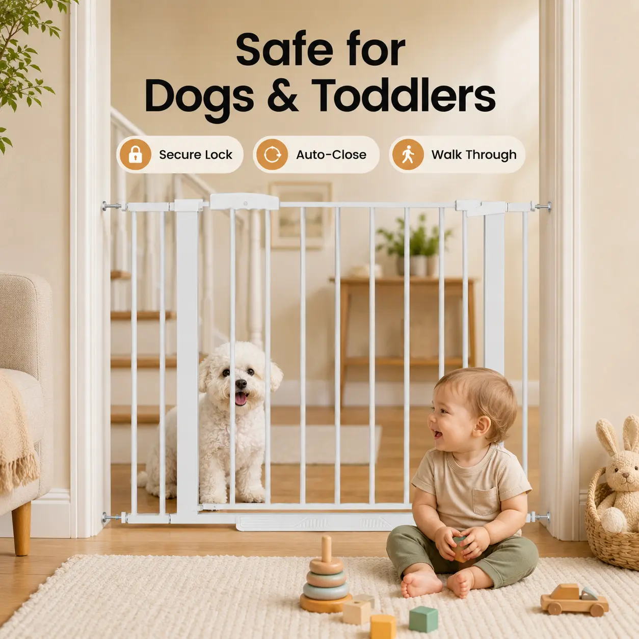 Metal Steel Powder Coated Baby Safety Gate, 29"-40.5" W x 30" H Pressure Mounted Dog Gate, Auto-Close Stay-Open Easy Walk Through, No Wall Damage for Stairs & Doorways, White