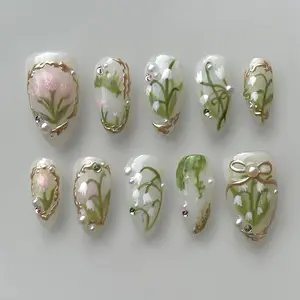 24Pcs Green Floral Pearl Press On Nails Medium Almond Shape Rhinestone Designs Gold Leaf Bow False Nails Full Cover Glue On Nails For Women Fall Seasonal