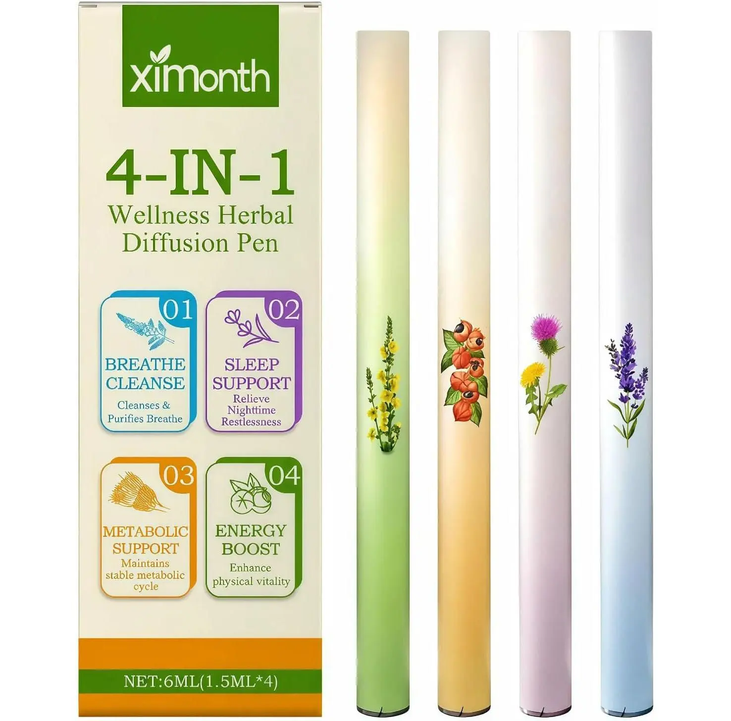 Mullein Herbal Diffuser Pen, Natural Aromatherapy Air Inhaler Stick with Mullein Thyme Mint, Four Aroma Variety Set,Air Freshening, Relaxed Feelings, Portable Pocket Size (4 Pack)