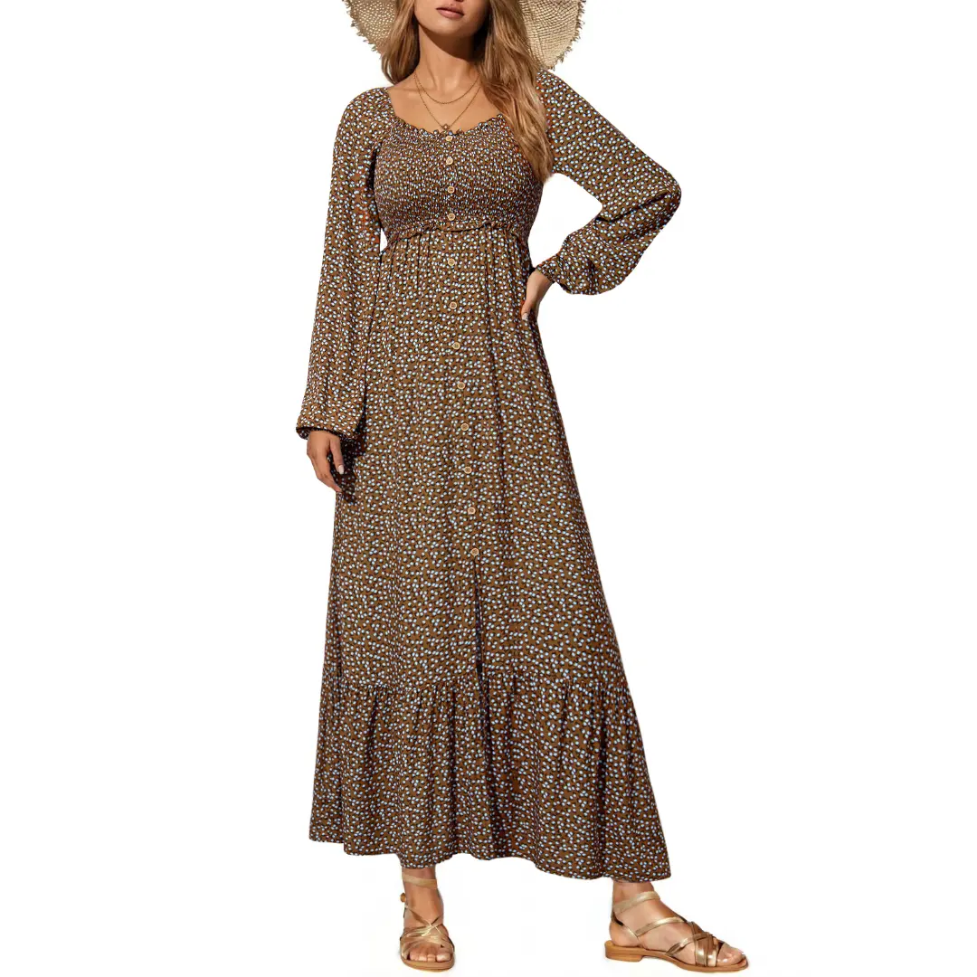 Dokotoo Womens Dresses Boho Floral Smocked Empire Waist Square Neck Long Sleeve Button Maxi Dress Beach Vacation Sundresses