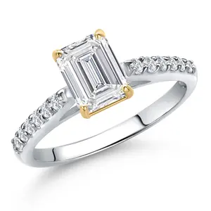 Gem Stone King 1.24 Cttw IGI Certified Lab Grown Diamond in 10K White Gold with Yellow Gold Prongs Engagement Ring For Women | Emerald Cut Center Diamond 1 Ct | D-E Color | VS1 Clarity