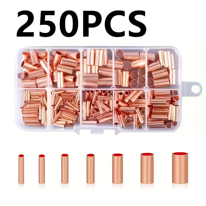 250pcs 7 Sizes Copper Connecting Pipe Kit, Ideal for Wire Joints & Cable Lugs, Home Appliance Repair Parts, Durable Connection Terminals, Wire Terminal Connectors