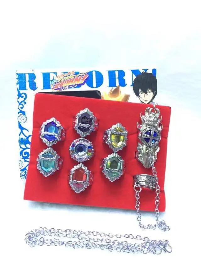 Katekyo Hitman Reborn Vongola Family 8-Piece Anime Collectible Ring Set, Cosplay Jewelry with Matching Chain, Gift for Anime Fans, Cosplays