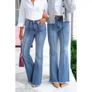 Judy Blue The Ophelia High Rise Medium Wash Flare Jeans with Frayed Hem and Pintuck Front Seam