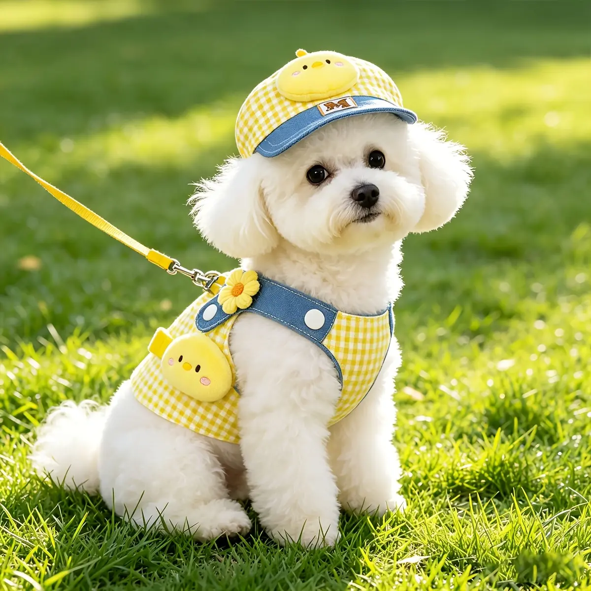 3-in-1 Dog Harness Leash & Sun Hat System with Anti-Pulling Chest Harness - Soft Adjustable Suitable for Small to Medium Dogs, Yellow Checkered Harness & Leash for Bichon Frise, Yorkie, Chihuahua, Machine Washable Outdoor Walking Gear