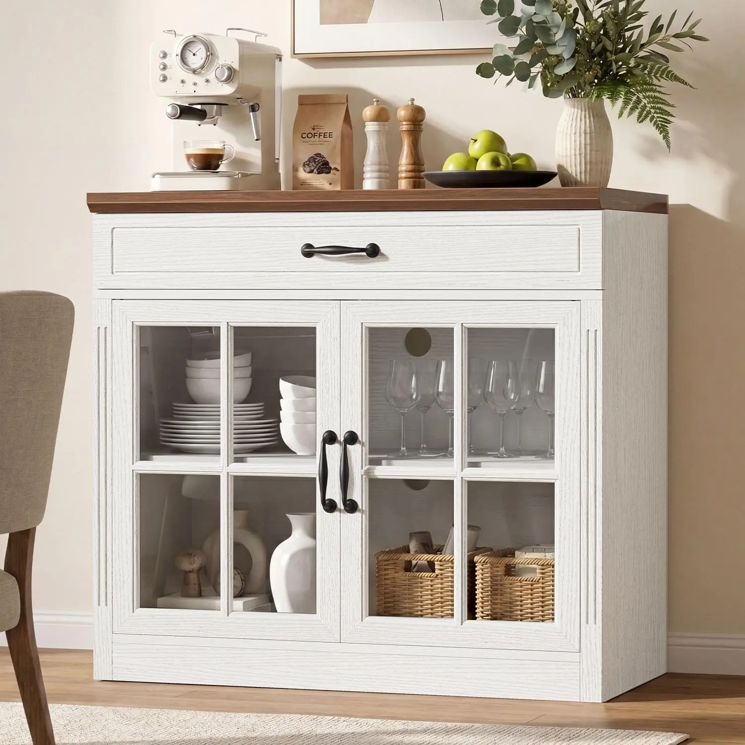 HAUOMS Modern Farmhouse Coffee Bar Cabinet with Glass Doors and Drawer, 31.5" Small Sideboard Buffet with 3-Level Adjustable Shelf, Entryway Storage Console for Kitchen Living Room