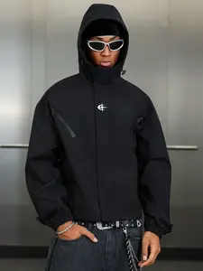 Men's Long-Sleeve Hooded Windbreaker Coats - American High-Street Graphic Jackets, Black Spring-Autumn Loose-Fit Windproof Waterproof Tops with Distinctive Logo Print, Drawstring for Outdoor Streetwear
