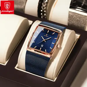 POEDAGAR Top Original Men Watch Waterproof Luminous Date Rectangle Man Wristwatch Mesh Stainless Steel Men's Quartz Watches
