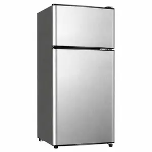 Summervibes Double-Door Mini Fridge, Small Refrigerator with 7-Level Thermostat and Separate Freezer for Dorm, RV, Silver