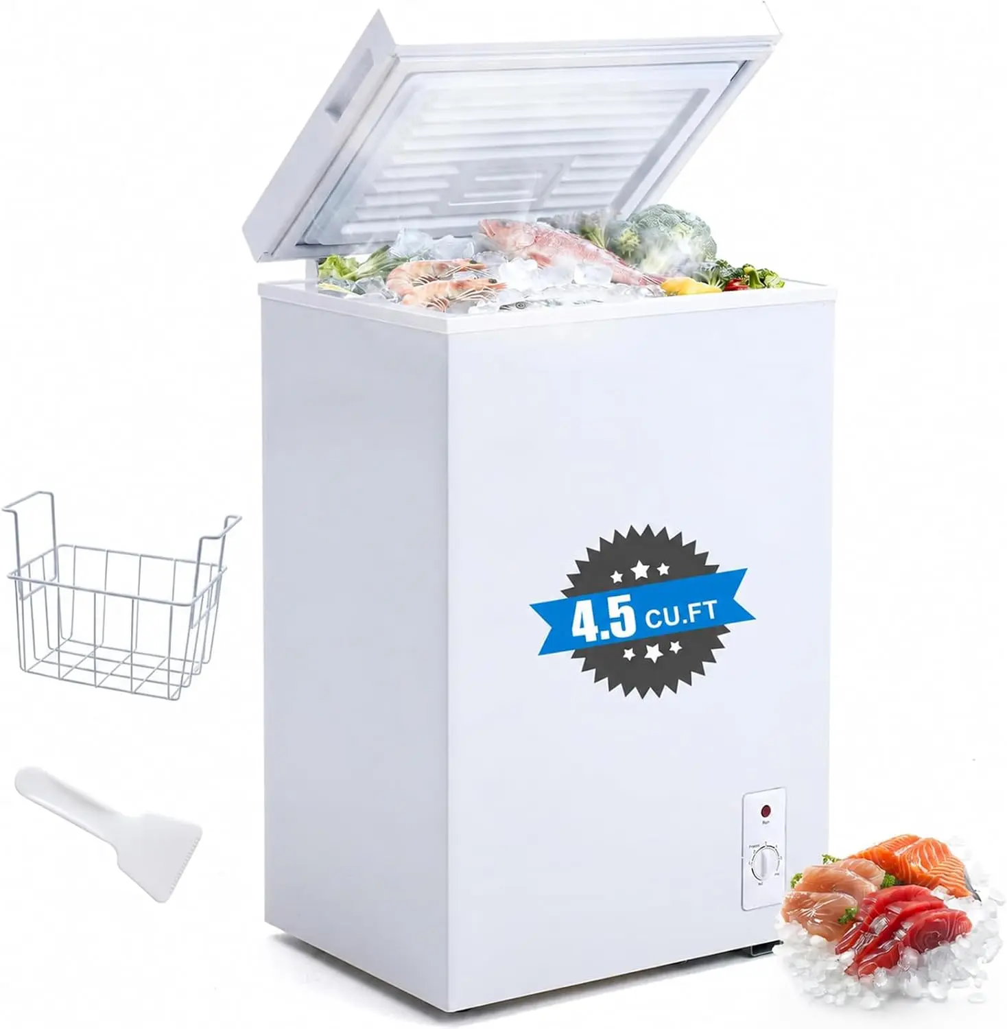 Dawmilon 4.5 Cu.Ft Small Deep Freezer, Quiet Compact Chest Freezer Top Open Door Freezer with Removable Basket, 7-Level Adjustable Temperature Control for Kitchen, Apartment and Garage (White)
