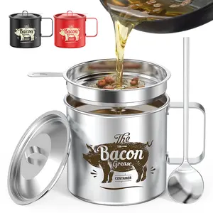 PGYARD 20 OZ Stainless Steel Bacon Grease Storage Set - Mini Bacon Grease Saver With Strainer , Farmhouse Bacon Grease Keeper Oil Container For Kitchen Fat Storage, Dishwasher Safe