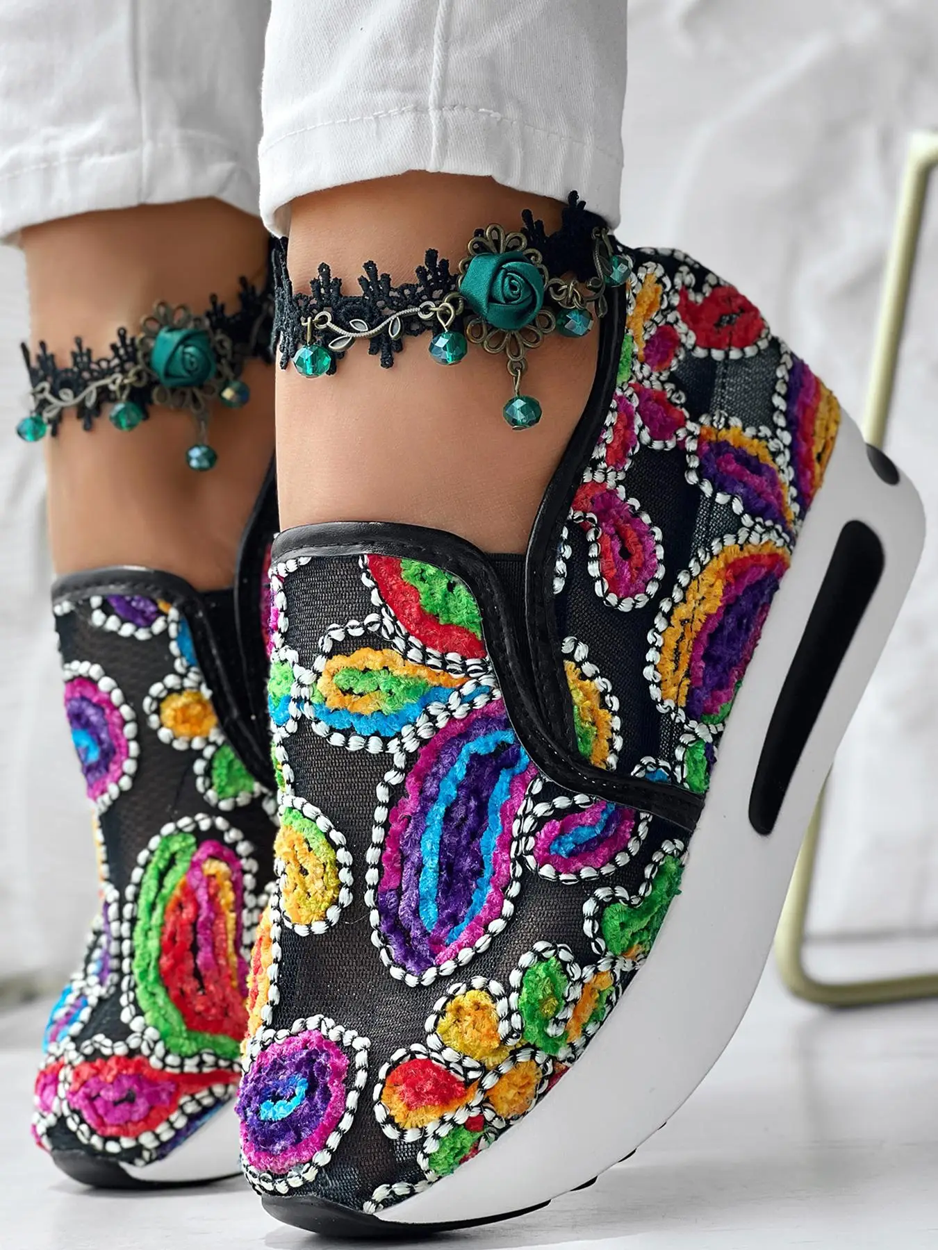 Colorblock Embroidering Design Wedge Sneakers, Women's Sneakers, Designer Sneakers, Boho Style Faux Pearl Decorated Slip on Shoes, Casual Comfortable