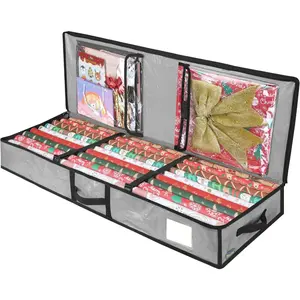 Christmas Wrapping Paper Storage Bag, 40" Durable PE Gift Wrap Storage Bag with Flexible Partitions and Pockets for Ribbon, Accessories