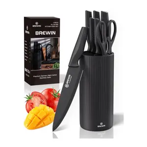 Knife Set, Brewin  Set, Knives Set for Kitchen, Universal Knife Block, Utility Knife Block Set, Kitchen Essentials, New Home Essentials, Apartment Essentials, Dishwasher Safe, All Black Kitchen Knives