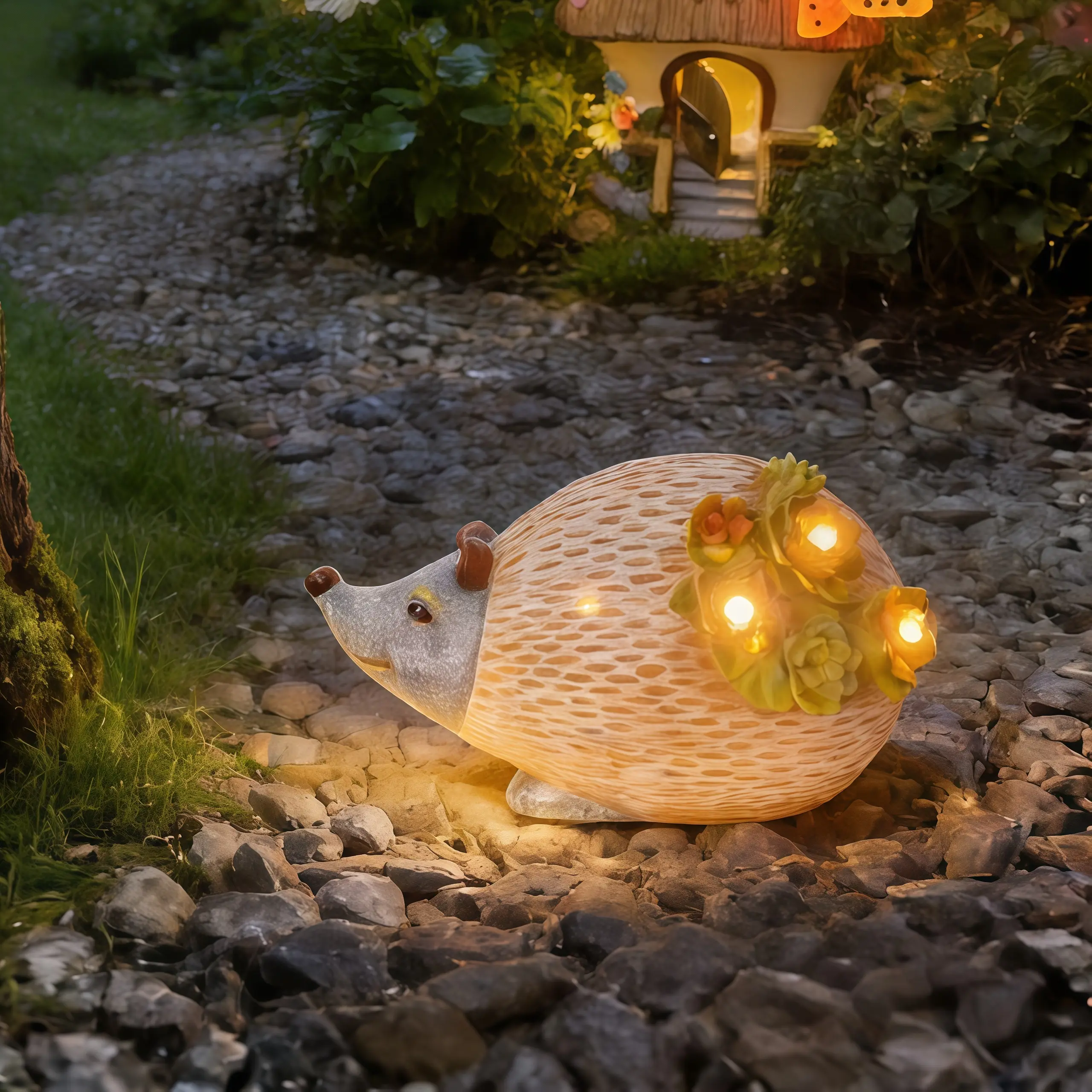 Solar Outdoor 0-5W Decorative Lights Resin Hedgehog Succulent Statue - Home Items Easter Spring Decor for Garden, Courtyard - Mother's Day Birthday Gift for Mom, Friend