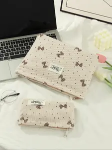 Bow Pattern Corduroy Makeup Bag, /set Travel Essential Makeup Bag, Skin Care Product Storage Makeup Bag, Multifunctional Toiletries Makeup Bag, Makeup Organizer Pouch