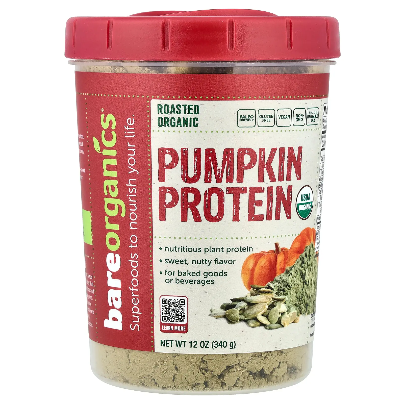 BareOrganics Roasted Organic Pumpkin Protein Powder, 12 oz (340 g)