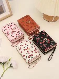 Women's Short Wallet, Cherry Print Folding Wallet, Zipper Trifold Fashion Clutch Purse, Multiple Card Slots, Coin Pocket, Mother's Day Gift, Trendy Trifold Wallets