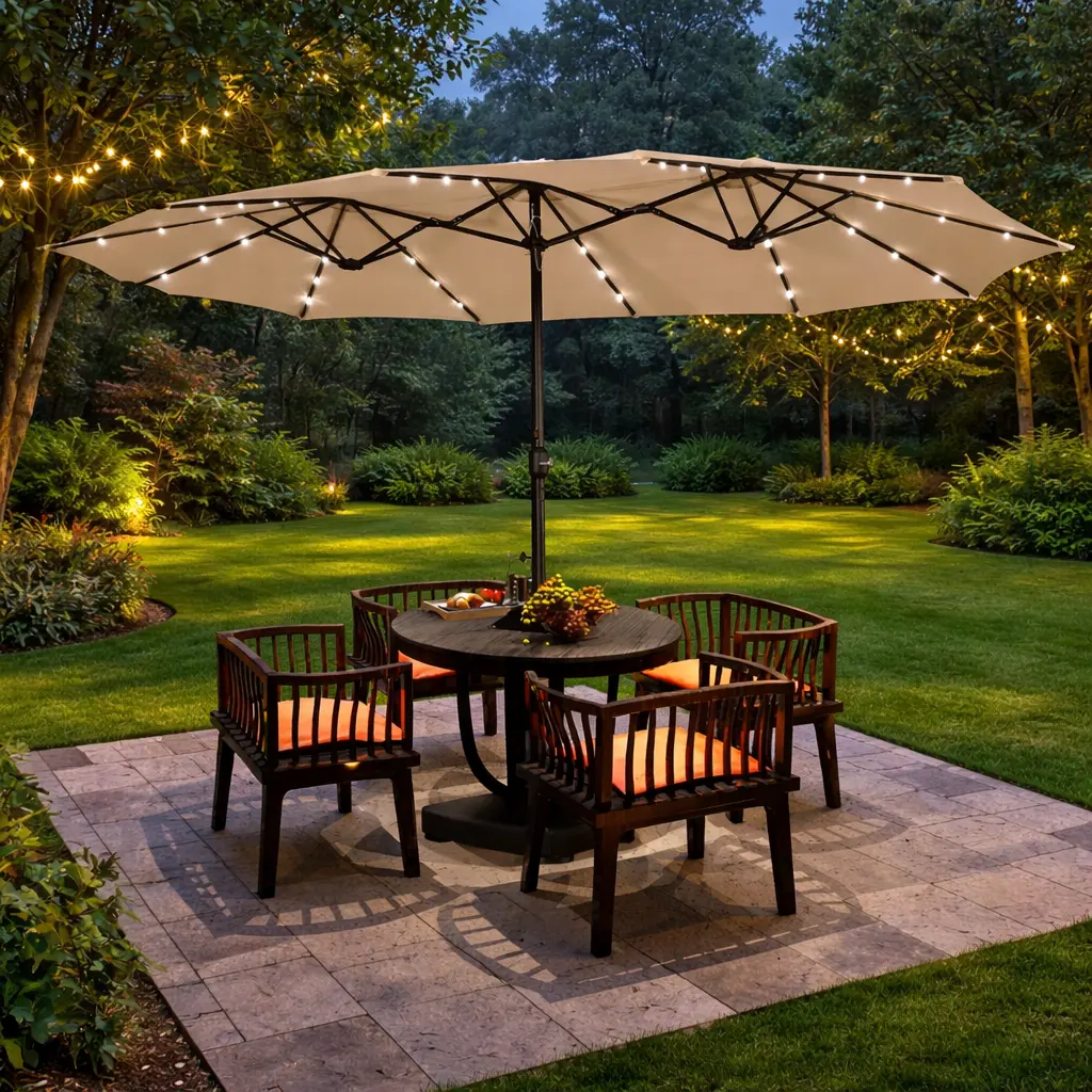 【15/13FT Solar Lights】Costoffs Large Patio Umbrella with 36 Solar LED Lights&Base Umbrella, Hand Crank Opening, Heavy-Duty Iron Frame with Base & Sandbags for Yard/Garden/Park,outdoorfurnitureset,home decor,camping essentials