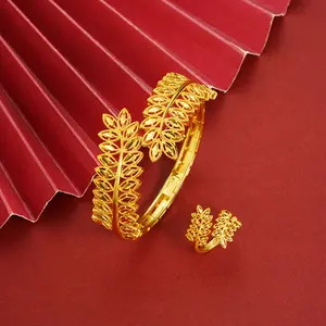 Luxury Women's Bracelet 24K Gold Plated Light Luxury Leaves Hollow Out  Bracelet Set, suitable for festivals, mother,gifts girlfriend，bracelets for women fashionable adjustable bangle jewelry Trendy Bracelet Lady Gold Plated Copper bracelets for women