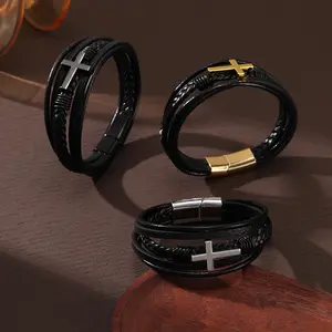 Leather Cross Bracelet Men's Multi-Layer Handmade Braided Rope Magnetic Buckle Leather Bracelet hip hop