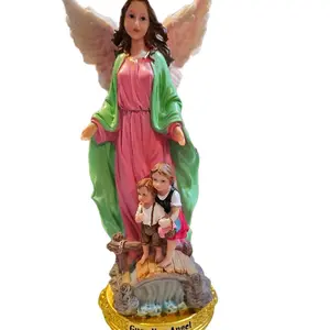 Angel de la Guarda 12" - Colorful Angel with Children Statue for Home Decor Featuring Pink and Green Robe and Golden Base
