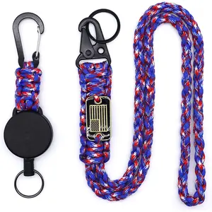 2 count Retractable , Heavy Duty Carabiner Badge Holder with Extendable ID Clip Reel,  Flag Paracord Lanyard, Steel  & Parachute Rope Necklace