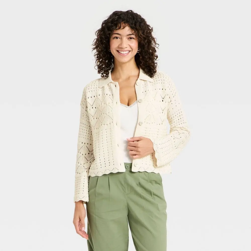 Women's Collared Crochet Cardigan - A