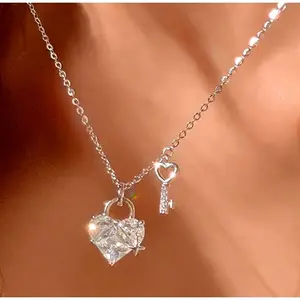 Shiny Heart Shaped Lock Key Pendant Necklace Cubic Fashion Silvery Color for Women's Elegant Jewelry