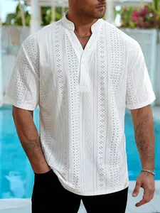 Men's Vintage Classic Textured Eyelet Casual Shirt - Short Sleeve Mandarin Collar Henley Top for Tropical Summer Beach Vacation & Poolside Party - Breathable Lightweight Elegant Casual Wear Resort Wear Outfit