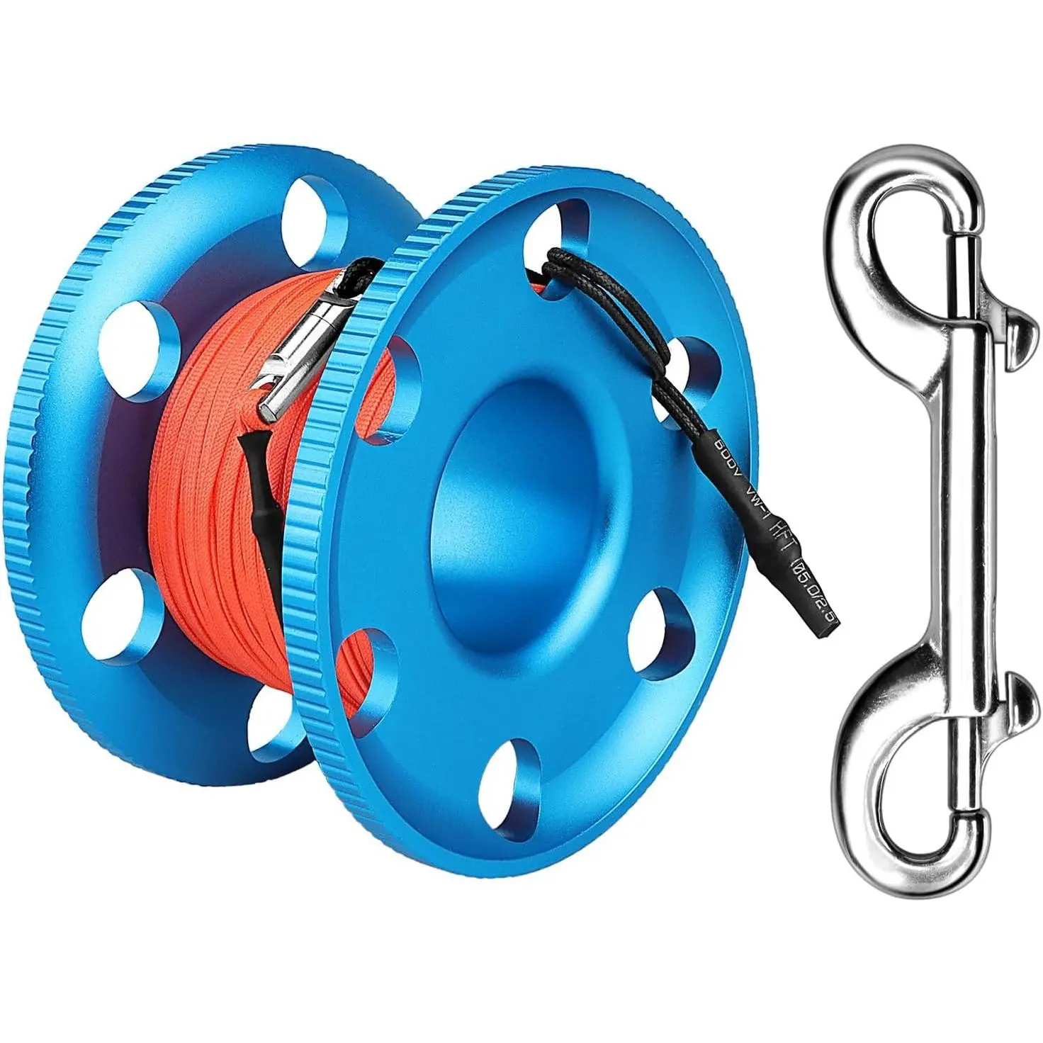 100FT Scuba Diving Reel with Bolt Snap, Aluminum Alloy Finger Spool with Braided Nylon Line – Big Dive Reel for Scuba, Snorkeling, Spearfishing, Cave & Wreck Diving (Orange Line Blue Reel)