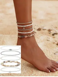 Shell Ankle Bracelet For Women Boho Beaded Seashell Starfish Conch Pearl Sea Turtle Puka Layered Gold Anklet Set Hawaiian Summer Beach Handmade Foot Jewelry Gift Set Adjustable