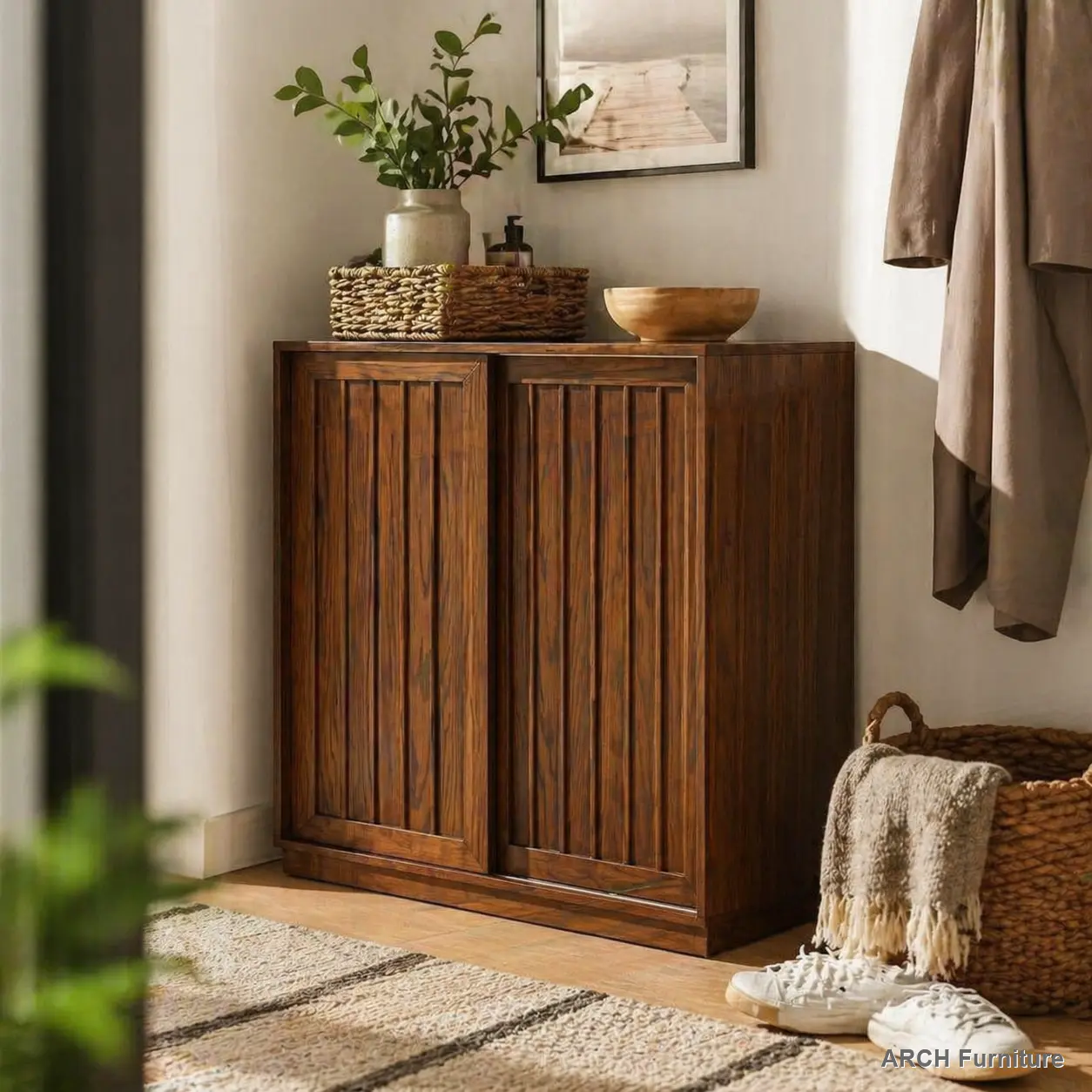 Mid Century Vintage Sideboard with 2 Sliding Doors, Solid Wood Stripes, Easy Setup Storage Cabinet for Living Room, Dining Room, Living Room Decor, Furniture Living Room