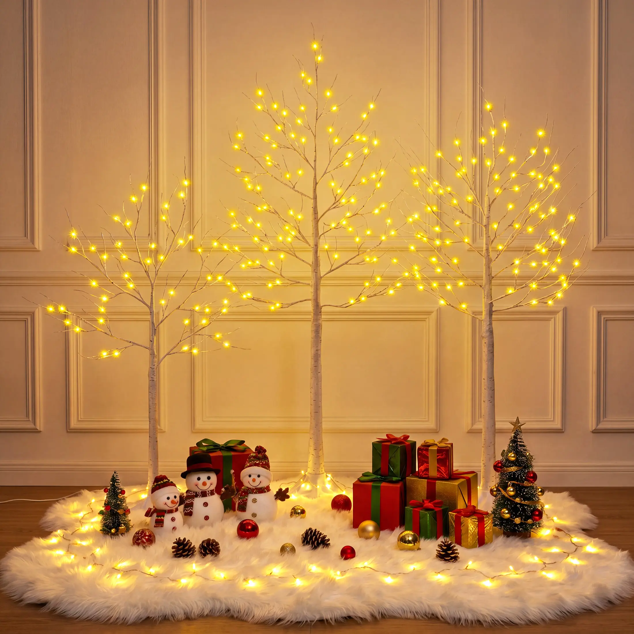 DR.Planzen 4FT/5FT/6FT LED Birch Tree Set – Pre-Lit Artificial Trees with Warm Plug-In Lights, Indoor & Outdoor Christmas, Holiday, Wedding, Party Decor (3-Pack)