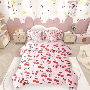 Girls Pink Cherry Comforter Set,7 Piece Bed in A Bag,Cute Fruit Bedding Set,for Kids Teen Girls Kawaii Cherries Print Comforter and Sheets Aesthetic Bed Set,Room Decor