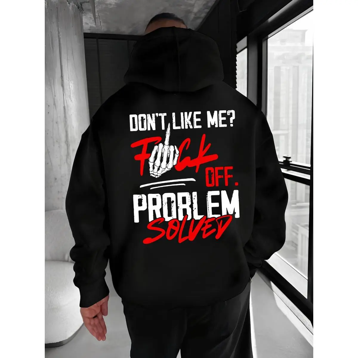 Men's Streetwear Graphic Hoodie, "Problem Solved" Savage Quote Pullover, Casual Long Sleeve Sweatshirt Tops, Sweatshirts, Menswear