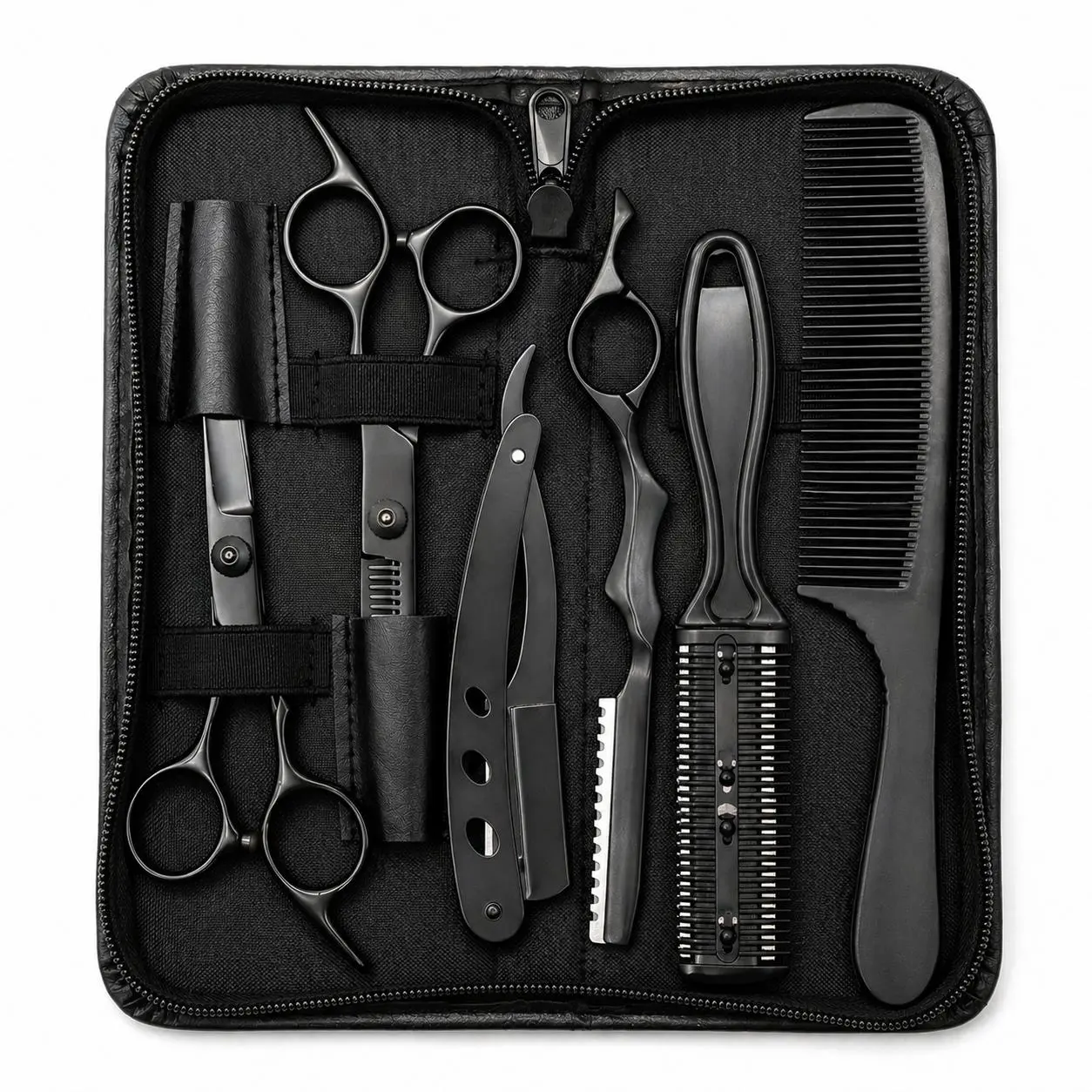 Men's 6pcs Complete Haircutting Kit - Durable Stainless Steel Barber Equipment, Smooth Handle Cutting Scissors, Thinning Shears, Straight Razor, 3 Combs, Storage Case for Home Haircuts, Precise Cuts