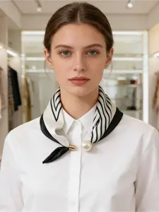 1PC beige magnetic buckle pearl necklace narrow strip silk scarf women's neck scarf with shirt scarf Tie