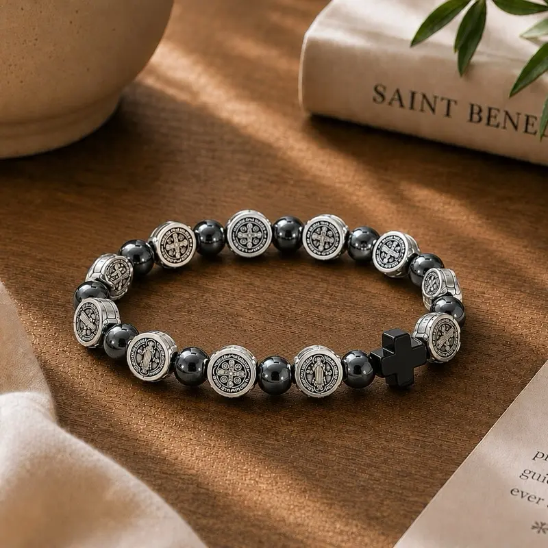 Unisex Catholic Rosary Bracelet 1 with San Benito Medal Cross, Hematite Beads, Cable Chain - Classic, Elegant, Semi Formal & Casual Religious Fashion Costume Jewelry Accessory for Daily Wear Faith