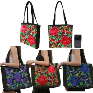 Elegant Floral Embroidery Canvas Tote Bag for Women - Casual Shoulder Bag with Zipper Closure, Black
