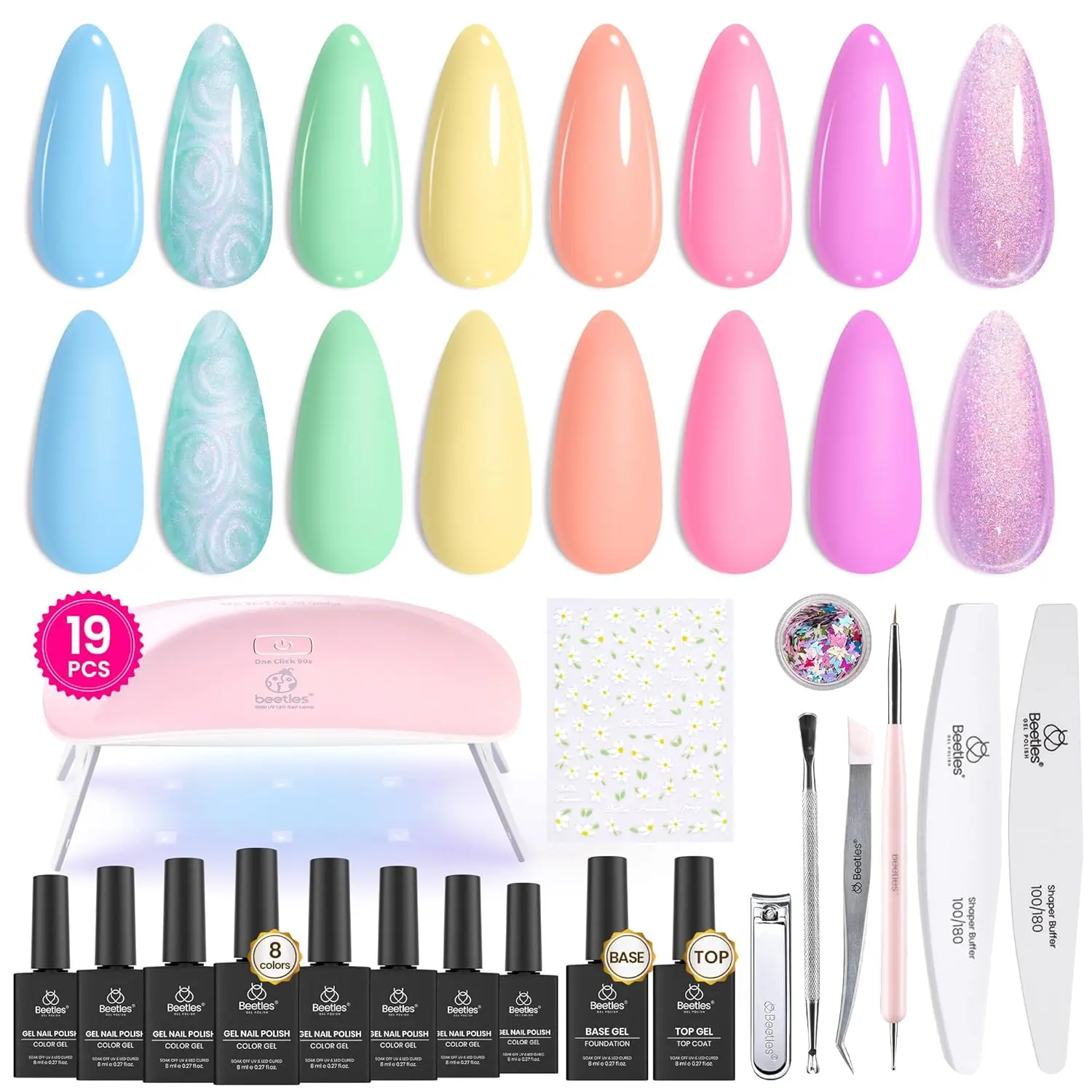 Beetles Gel Nail Polish Kit with U V Light: 19 Pcs Spring Garden Party Pastel 8 Colors Soak Off Gel Nail Set with Base and Top Coat, Sticker accessories All in One Manicure Party Favors