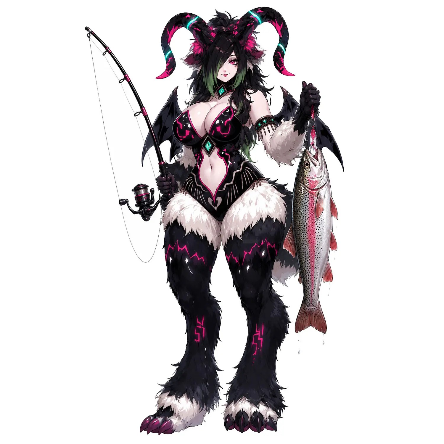 Fantasy Horned Trout Fishing Sticker, Dark Huntress Holding Fishing Rod and Fresh Catch, Bold Outdoor Decal for Laptop, Tumbler, Car or Fishing Gear