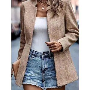 Women's Herringbone Front Blazer - Business Casual Long Sleeve Work Jacket with Full Lining and Thickened Shoulders Womenswear Suits