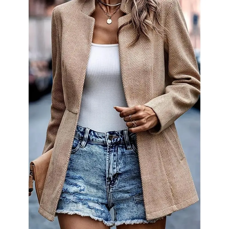 Women's Herringbone Front Blazer - Business Casual Long Sleeve Work Jacket with Full Lining and Thickened Shoulders Womenswear Suits