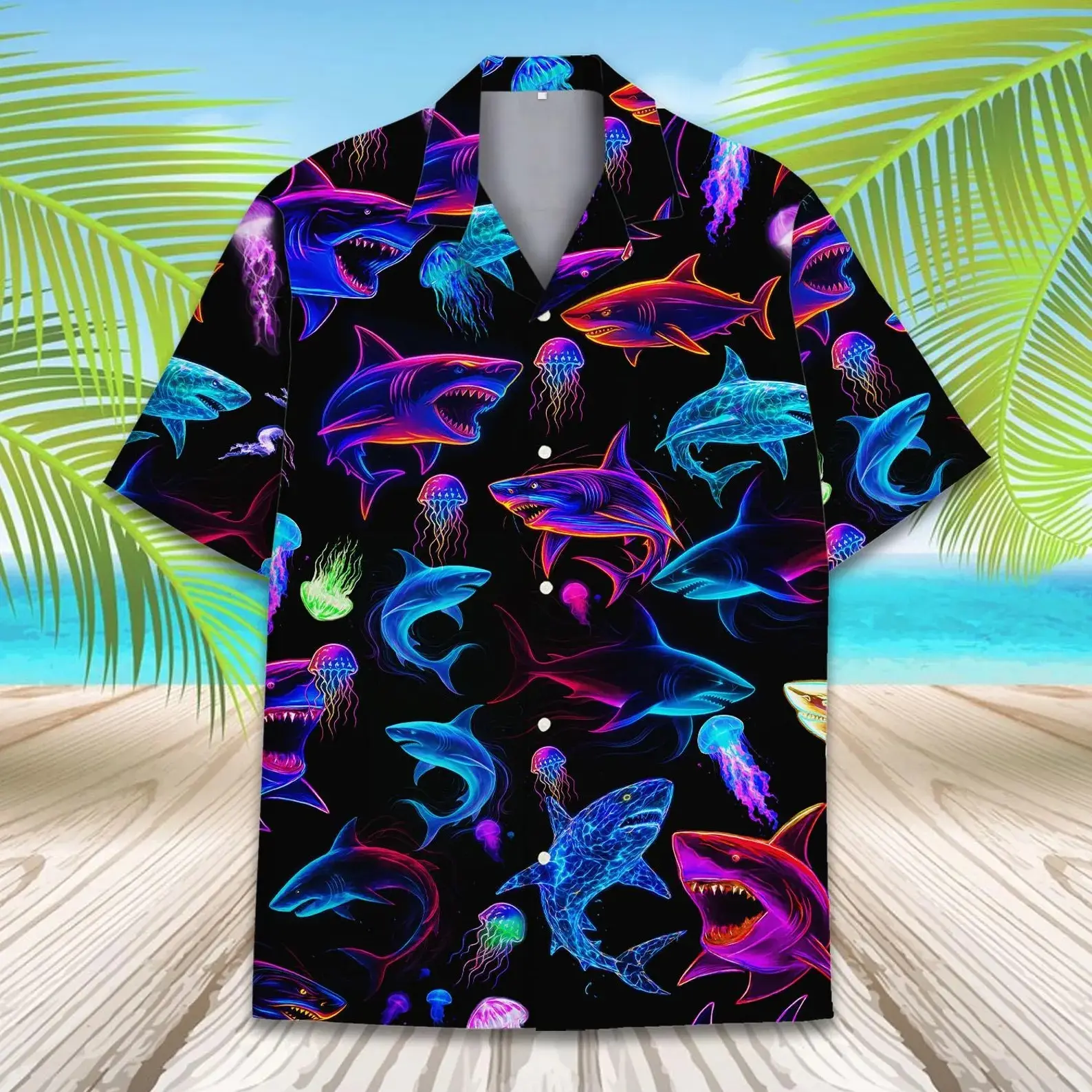 Neon Shark Hawaiian Shirt for Men Women Youth, Shark Aloha Shirt Short Sleeve Button Down, Cyberpunk Jellyfish Nautical Shirt - Etsy