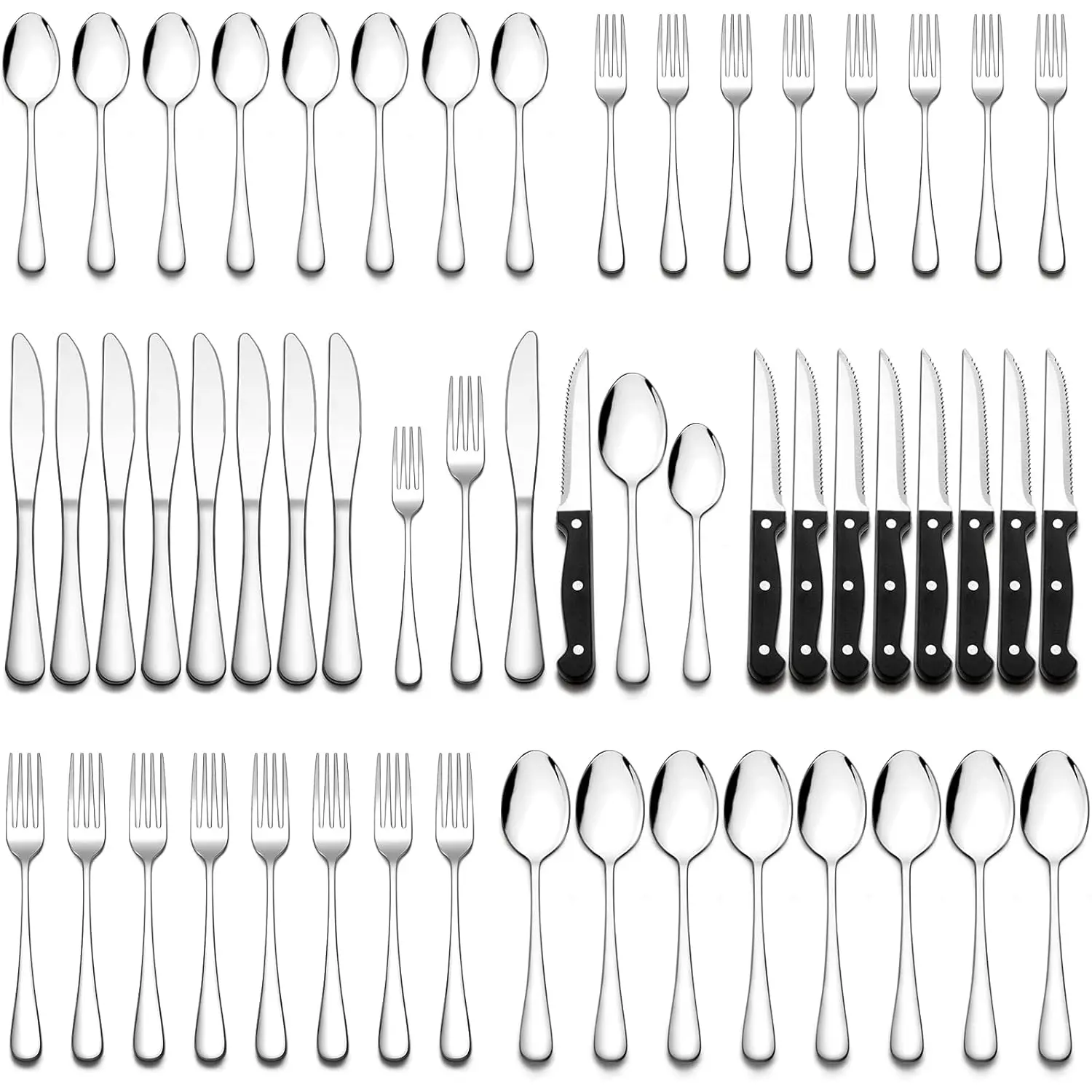 48-Piece 408 Stainless Steel Flatware Set with Black-Handled Knives and Classic Design for Everyday Use