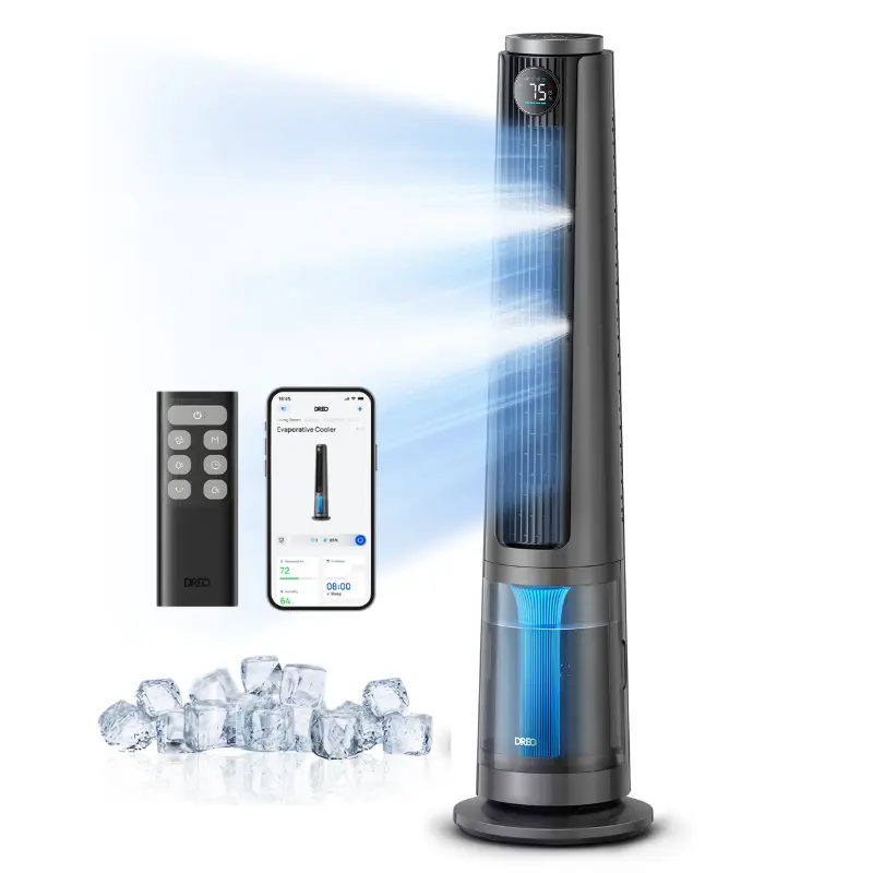 DREO TurboCool Misting Fan 765S, Cools Up to 10°F, 34ft/s High-Speed Tower Fan, 6L Water Tank, 20 dB Quiet DC Motor, 90° Oscillation, 12 Speeds & 4 Modes, Standing Fan for Home, Grey
